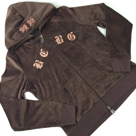 BCBG MAXAZRIA BROWN VELVET VELOUR EMBROIDERED HOODED SWEATER WOMEN'S SIZE LARGE - Picture 1 of 16